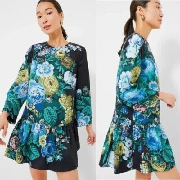 Tuckernuck NEW Verdant Blue Floral Long Sleeve Drop Waist Pierce Dress Size XS